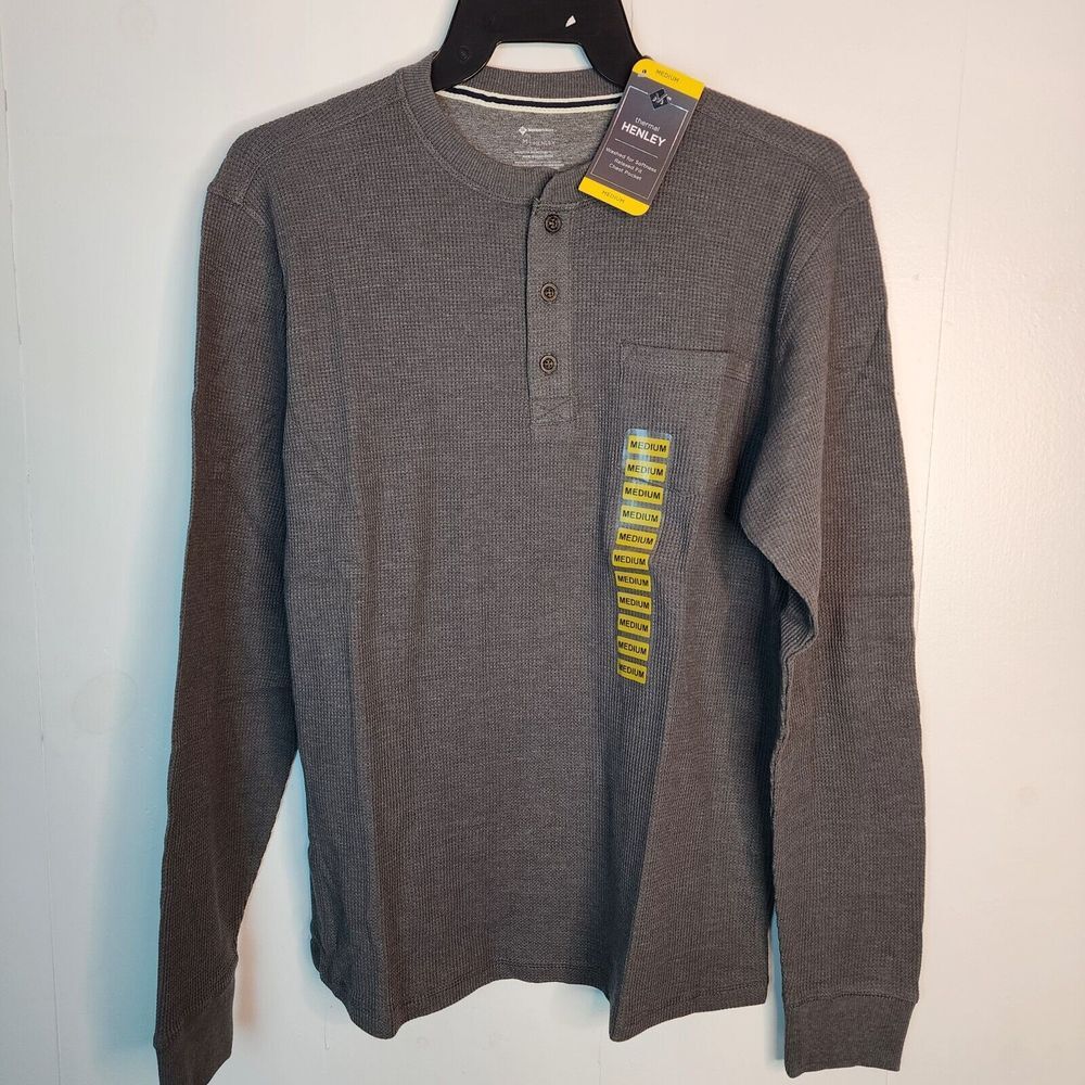 Members Mark Mens Thermal Henley Shirt Charcoal Grey Heather Long Sleeve‎ Medium